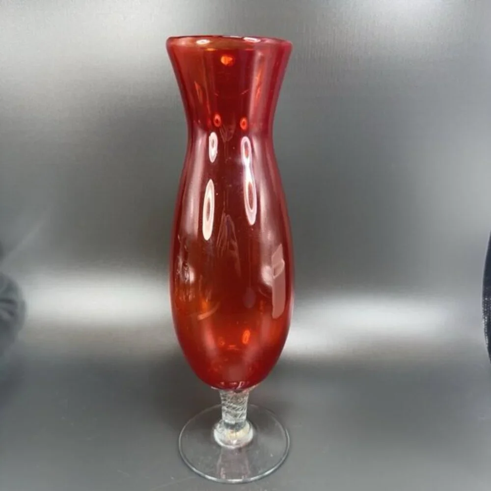 Vintage 1980s Japanese Art Glass Vase Vessel Orange With Clear Swirl Stem Bottom